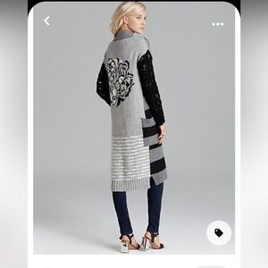Free People Gray and Black Long Open Cardigan with Floral Motif